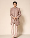 Manyavar Men Beige Silk Printed Indo-Western Set with Pant