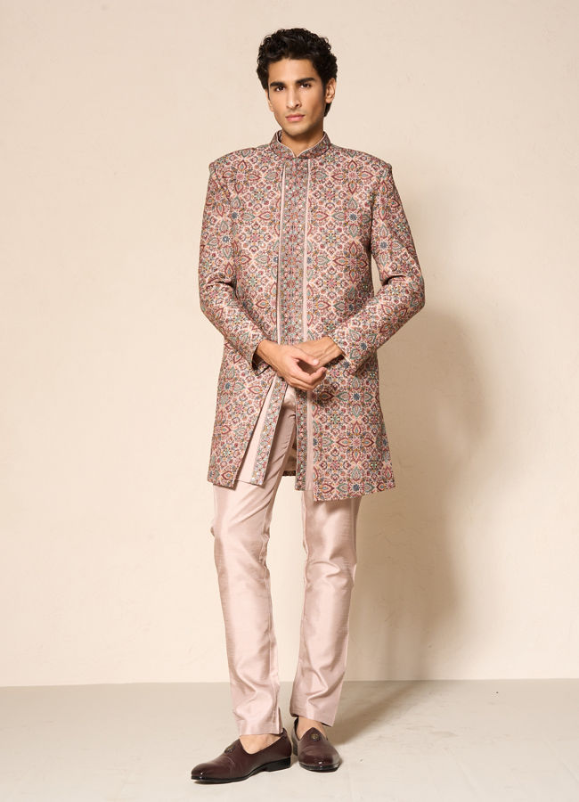 Manyavar Men Beige Silk Printed Indo-Western Set with Pant