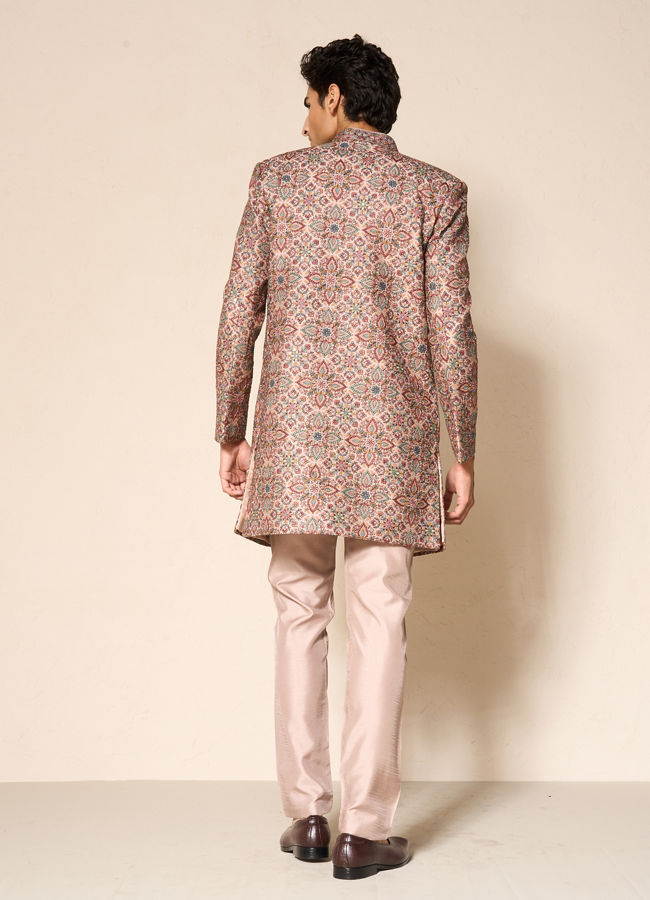 Manyavar Men Beige Silk Printed Indo-Western Set with Pant