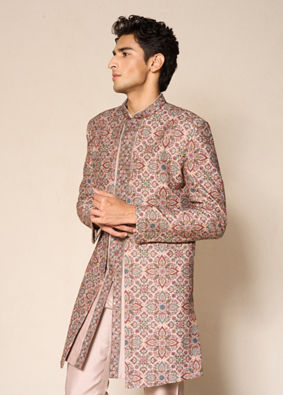 Manyavar Men Beige Silk Printed Indo-Western Set with Pant
