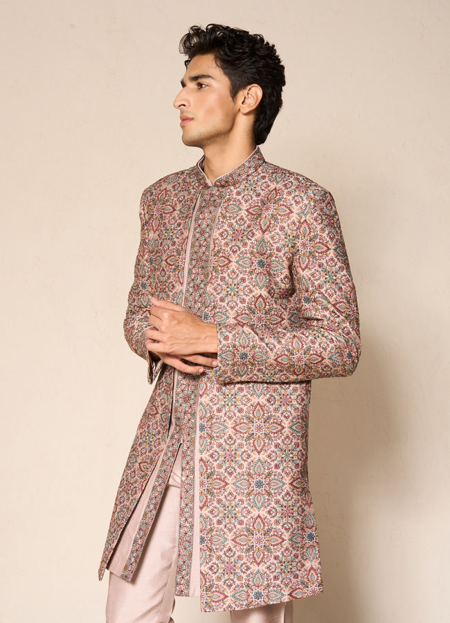 Manyavar Men Beige Silk Printed Indo-Western Set with Pant