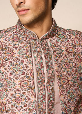 Manyavar Men Beige Silk Printed Indo-Western Set with Pant