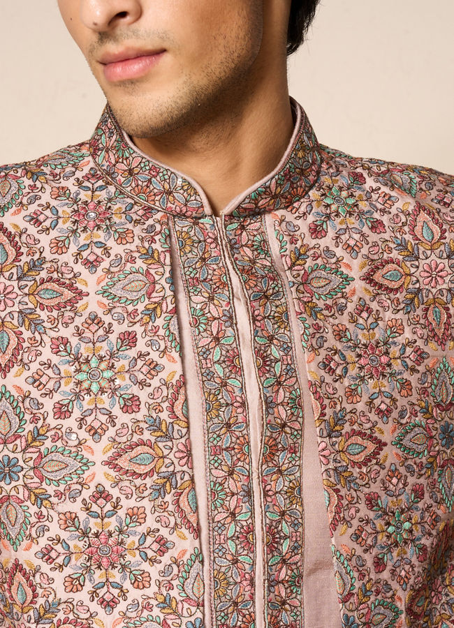Manyavar Men Beige Silk Printed Indo-Western Set with Pant