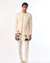Manyavar Men Cream Colored Rayon Indo Western Ensemble