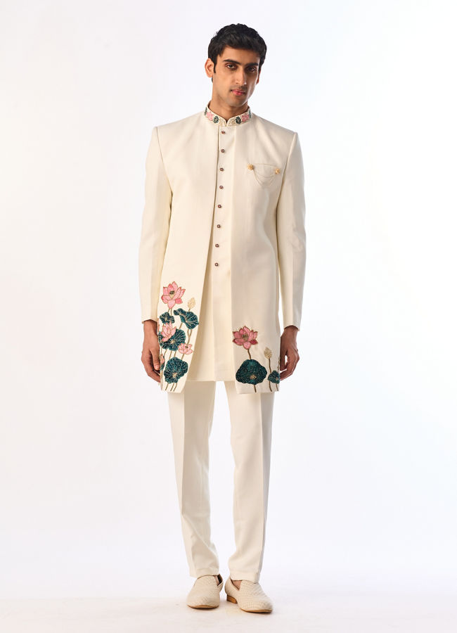 Manyavar Men Cream Colored Rayon Indo Western Ensemble