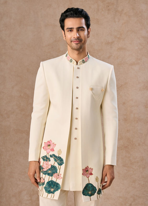Manyavar Men Cream Colored Rayon Indo Western Ensemble