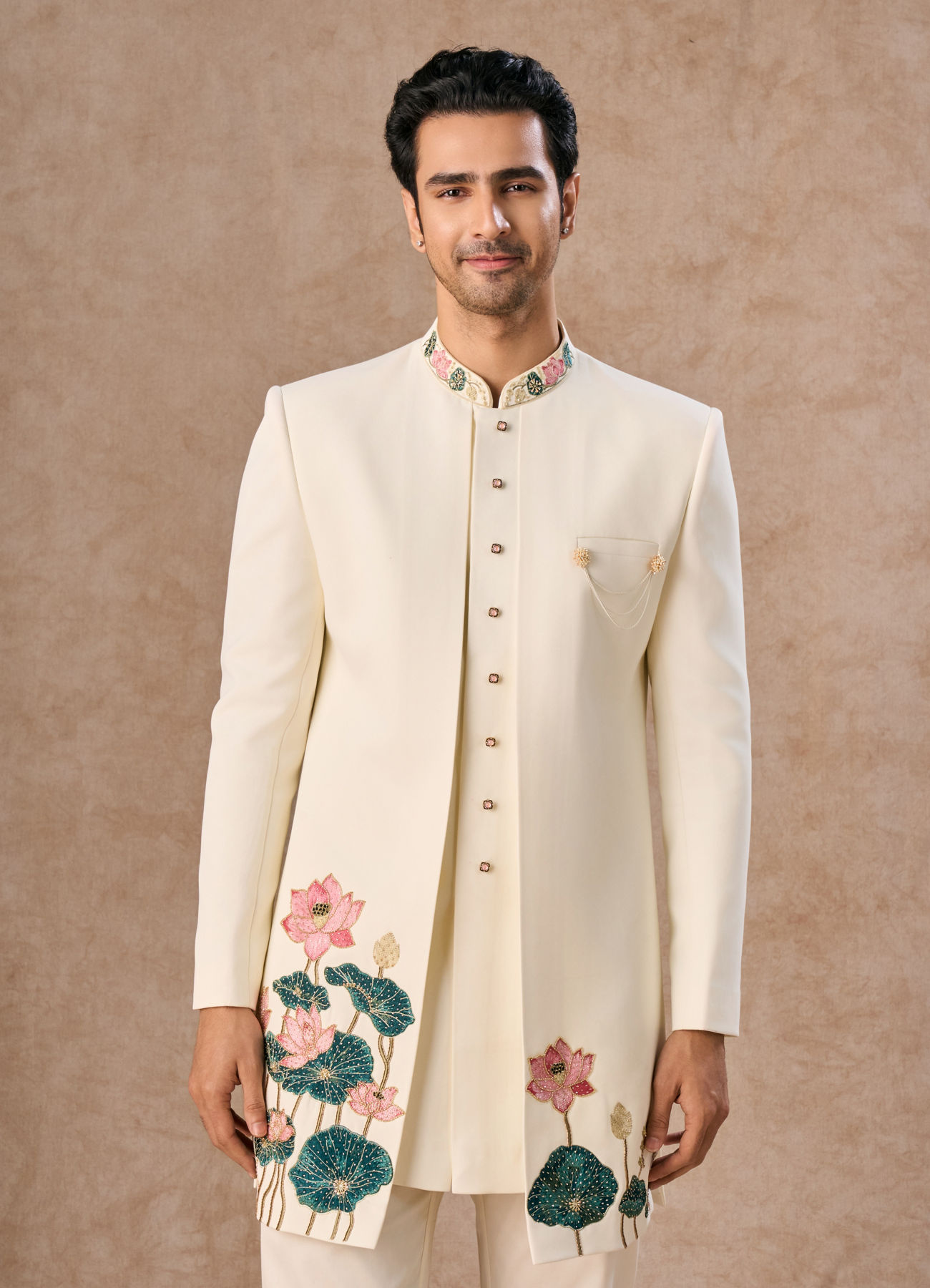 Manyavar Men Cream Colored Rayon Indo Western Ensemble