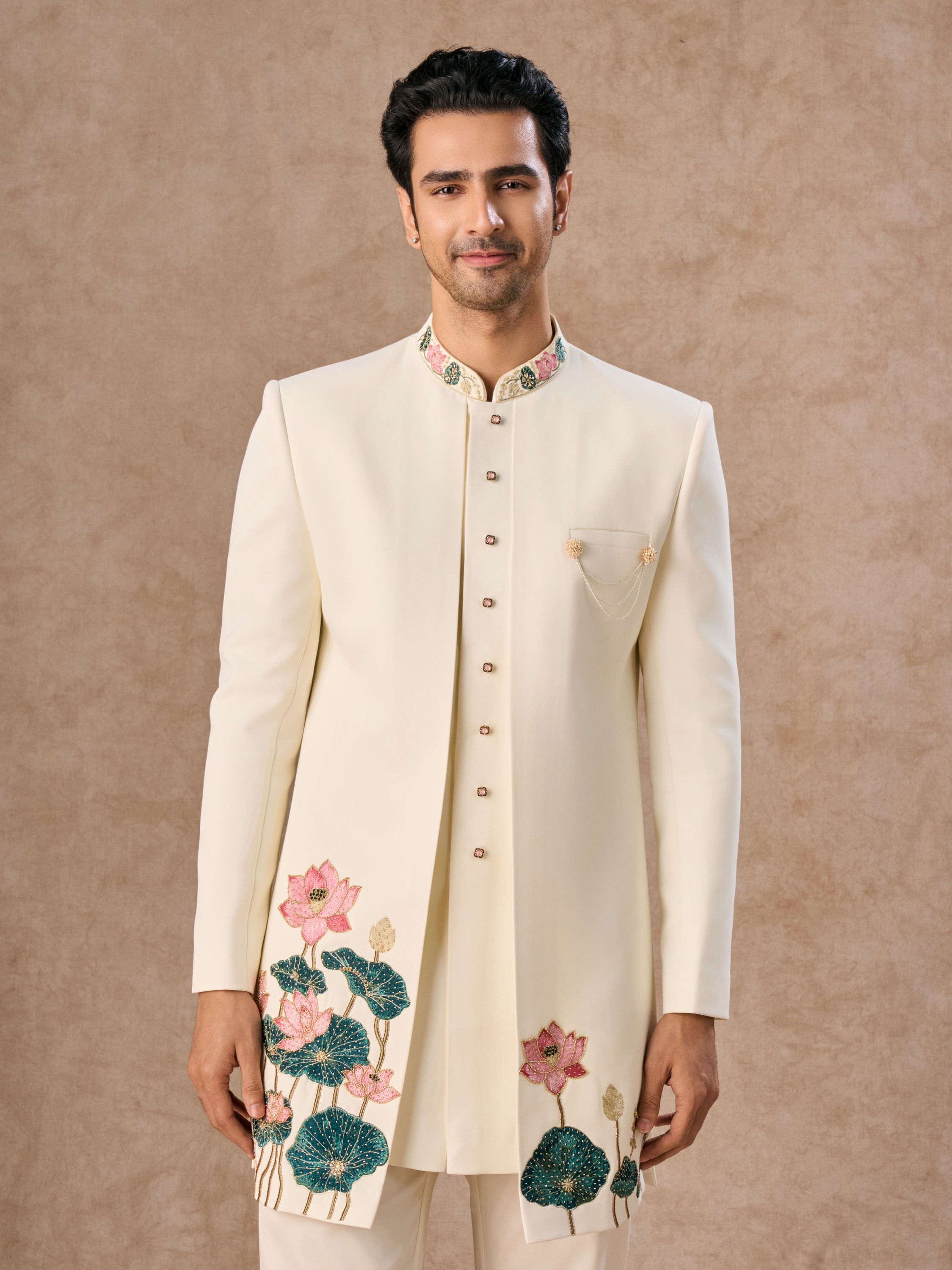 Manyavar Men Cream Colored Rayon Indo Western Ensemble