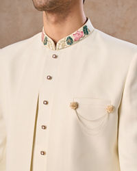 Manyavar Men Cream Colored Rayon Indo Western Ensemble