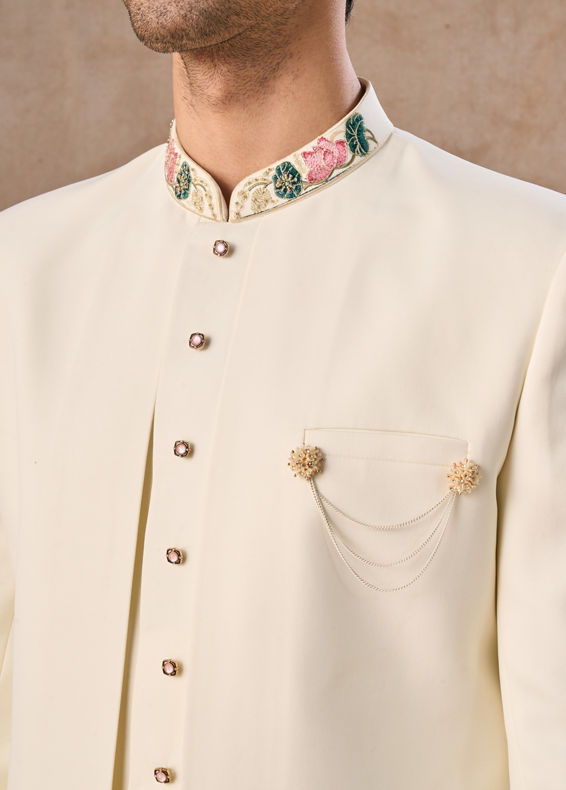 Manyavar Men Cream Colored Rayon Indo Western Ensemble