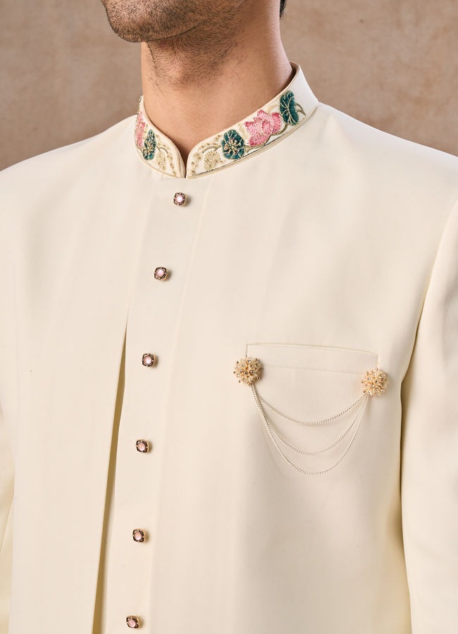 Manyavar Men Cream Colored Rayon Indo Western Ensemble