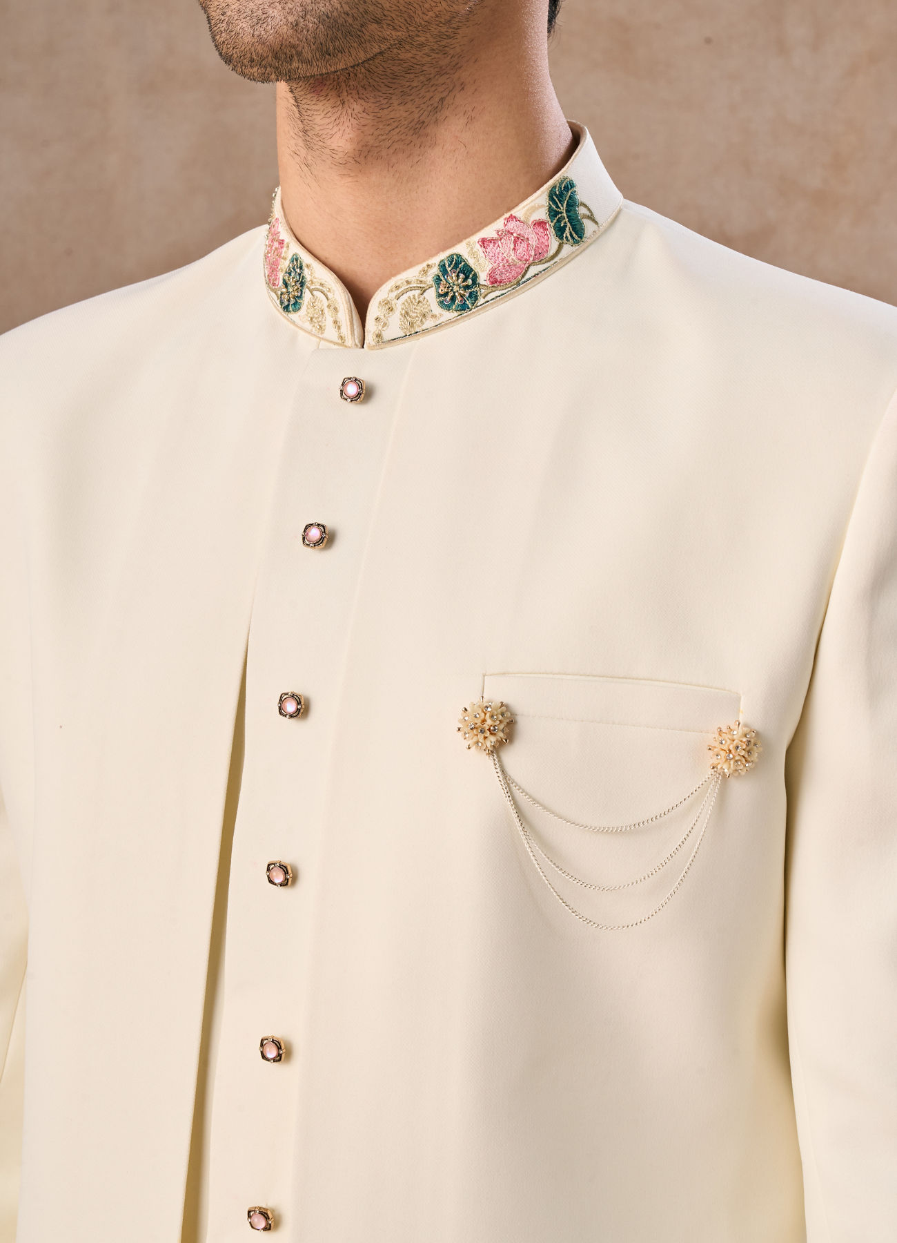 Manyavar Men Cream Colored Rayon Indo Western Ensemble