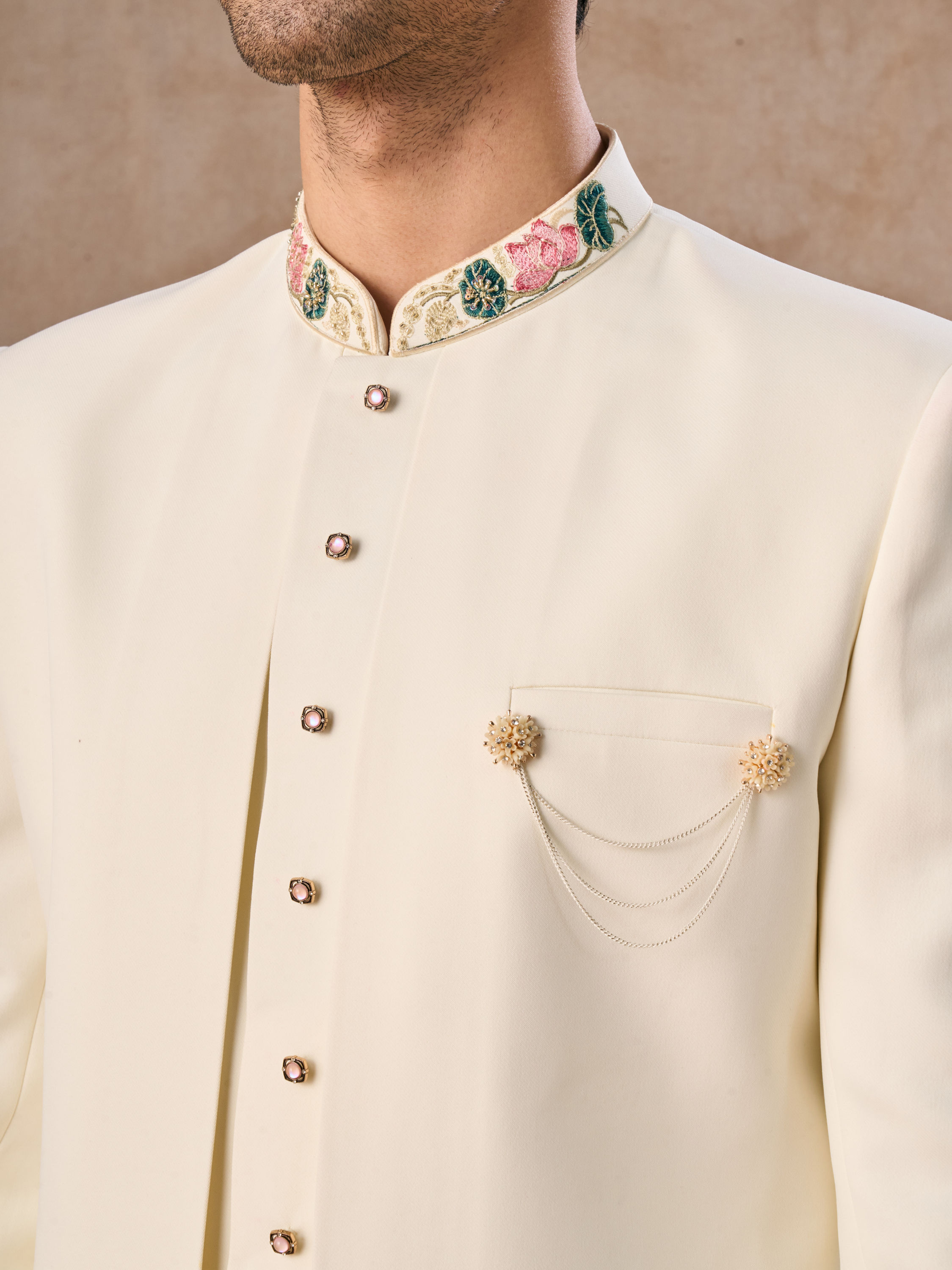 Manyavar Men Cream Colored Rayon Indo Western Ensemble