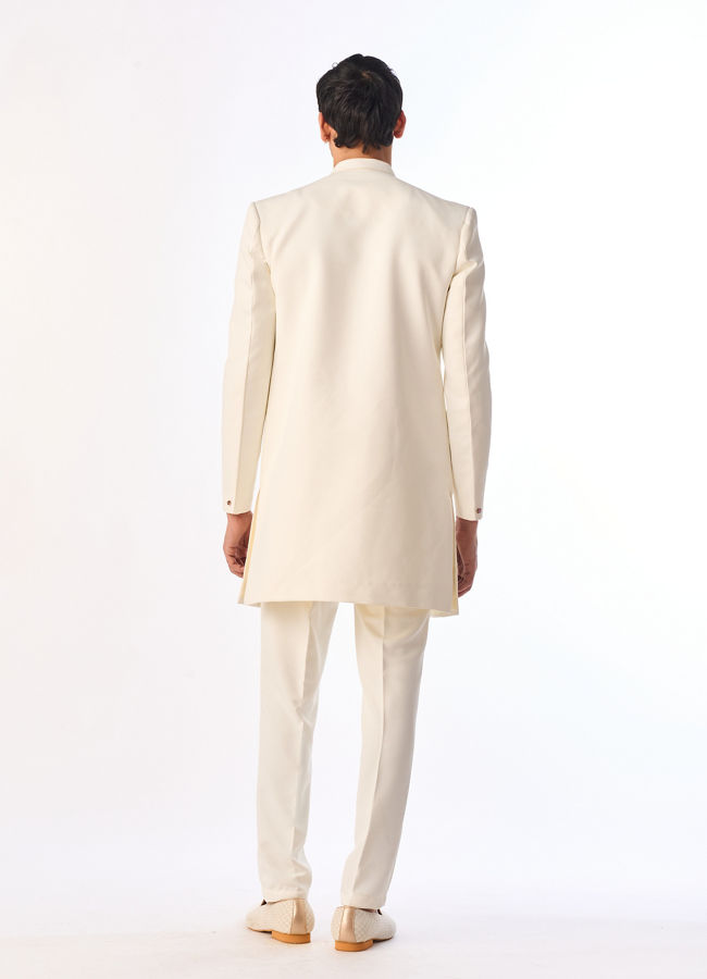 Manyavar Men Cream Colored Rayon Indo Western Ensemble