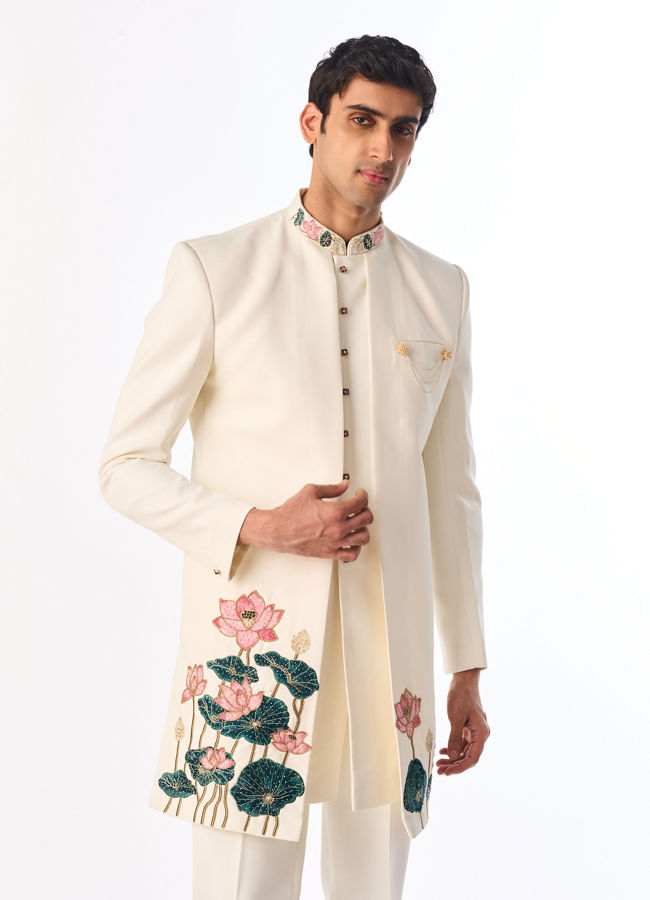 Manyavar Men Cream Colored Rayon Indo Western Ensemble