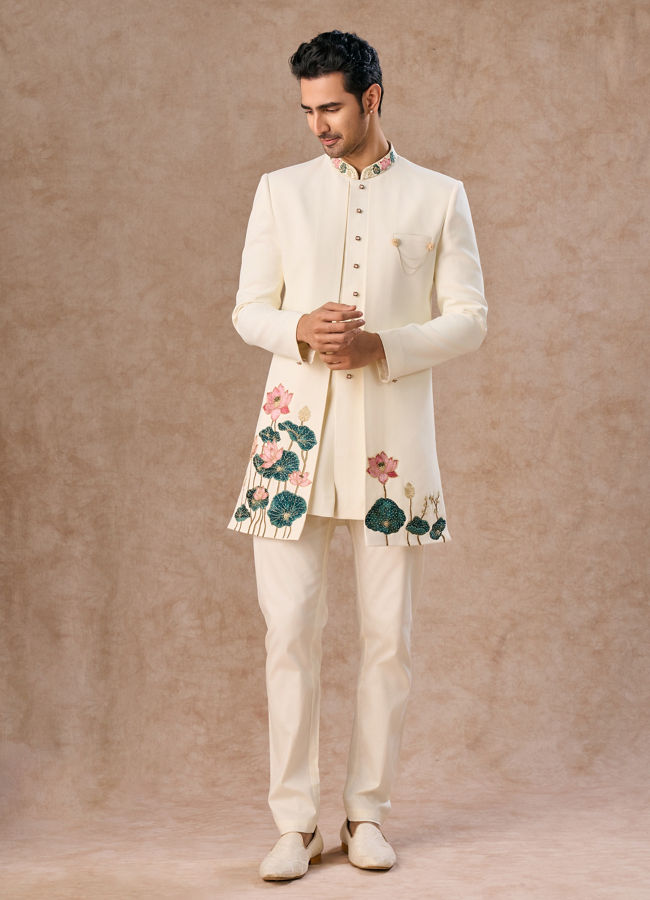 Manyavar Men Cream Colored Rayon Indo Western Ensemble