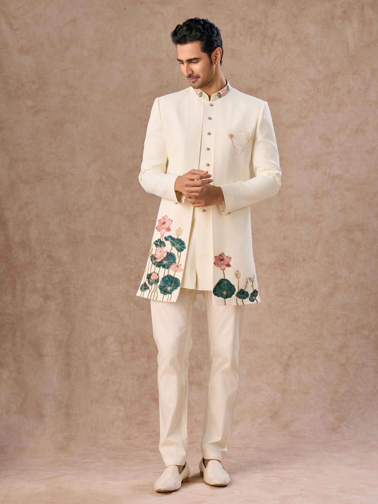 Manyavar Men Cream Colored Rayon Indo Western Ensemble