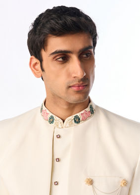 Manyavar Men Cream Colored Rayon Indo Western Ensemble