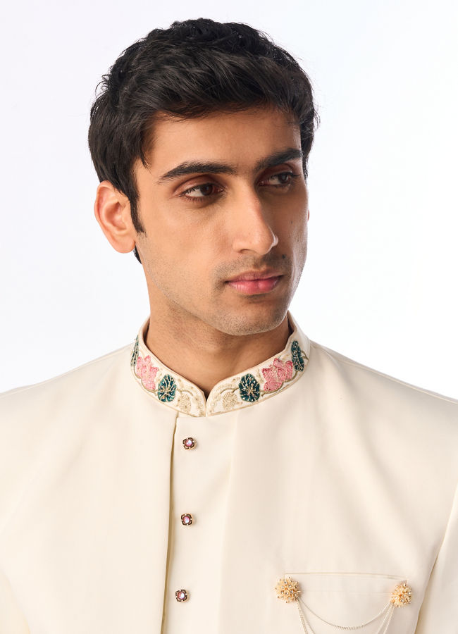 Manyavar Men Cream Colored Rayon Indo Western Ensemble