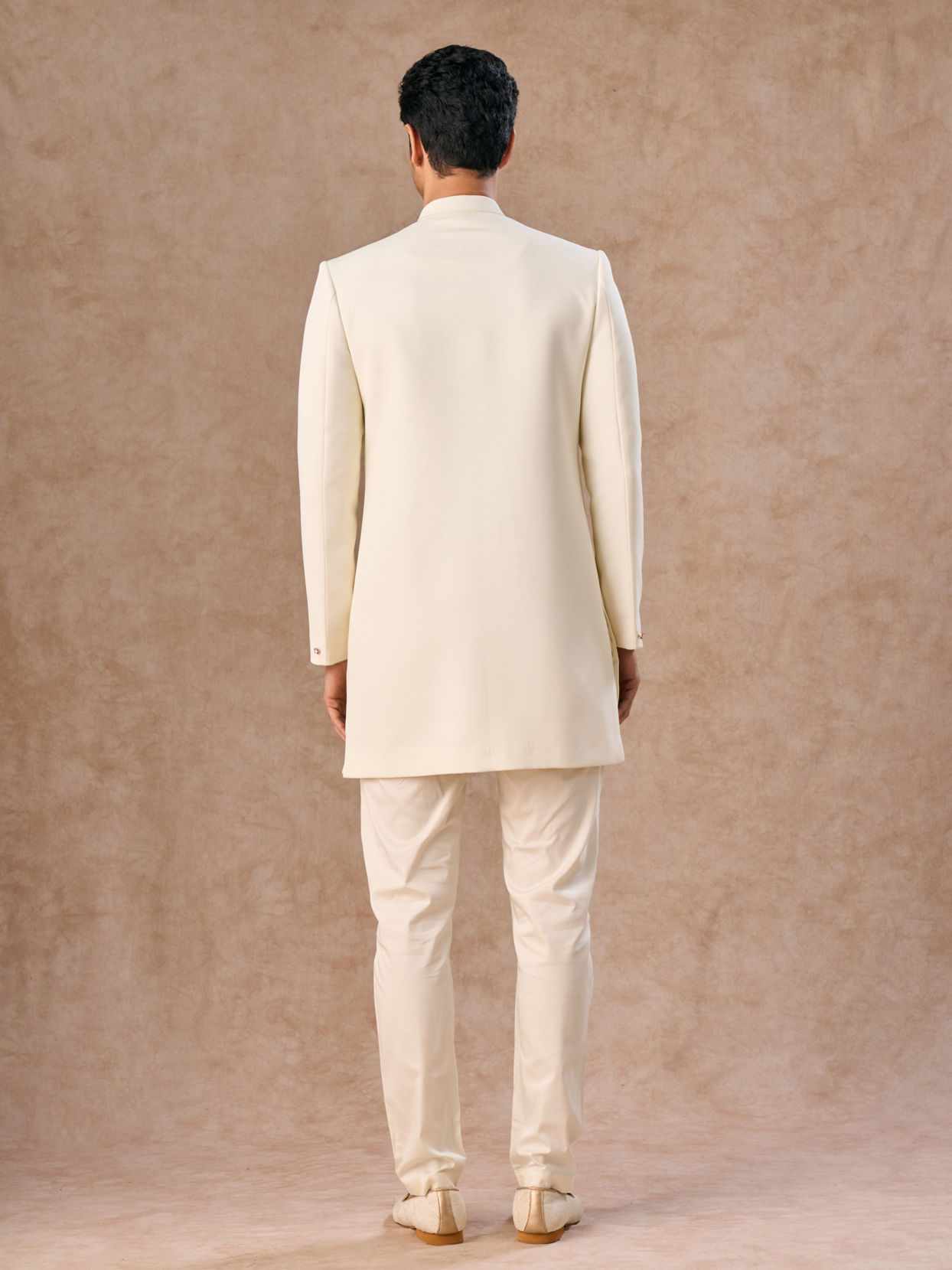 Manyavar Men Cream Colored Rayon Indo Western Ensemble