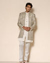 Manyavar Men Green Brocade Indo-Western Set with Pant and Mala