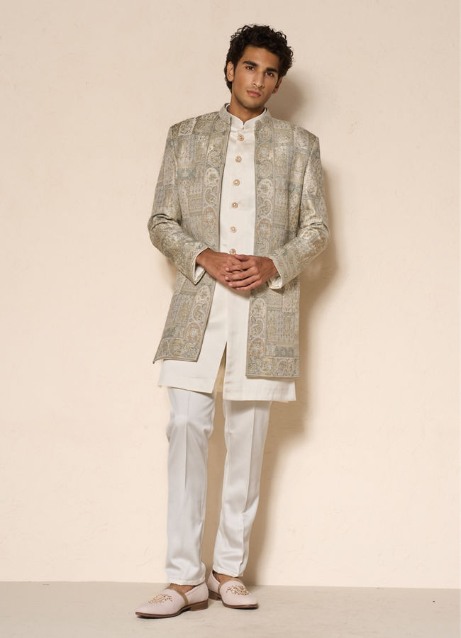 Manyavar Men Green Brocade Indo-Western Set with Pant and Mala