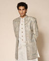 Manyavar Men Green Brocade Indo-Western Set with Pant and Mala