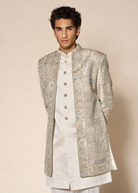 Manyavar Men Green Brocade Indo-Western Set with Pant and Mala