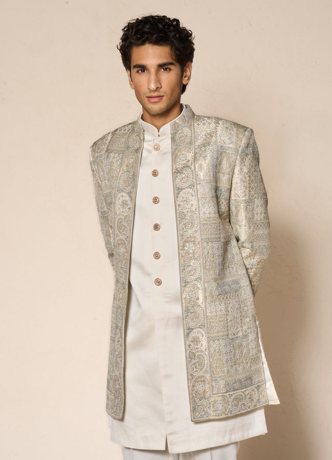 Manyavar Men Green Brocade Indo-Western Set with Pant and Mala