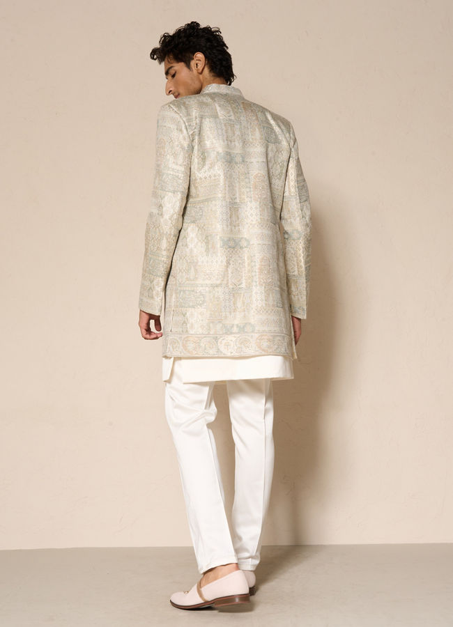 Manyavar Men Green Brocade Indo-Western Set with Pant and Mala