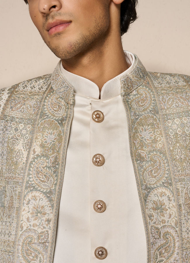 Manyavar Men Green Brocade Indo-Western Set with Pant and Mala
