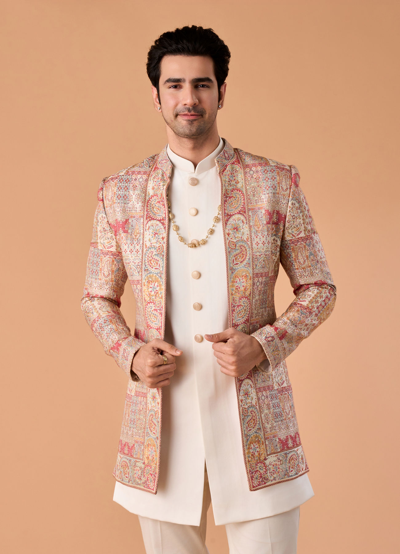 Manyavar Men Royal Red Brocade Indo Western