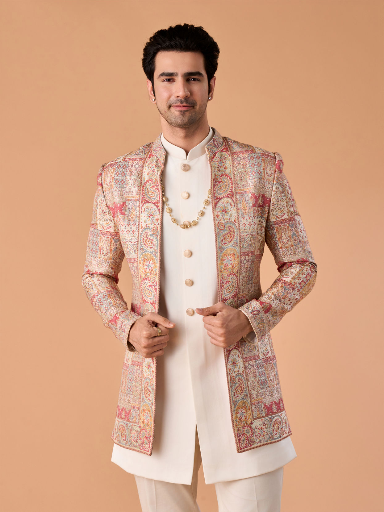 Manyavar Men Royal Red Brocade Indo Western