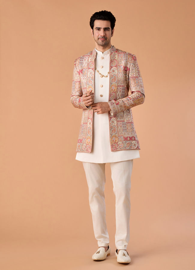 Manyavar Men Royal Red Brocade Indo Western
