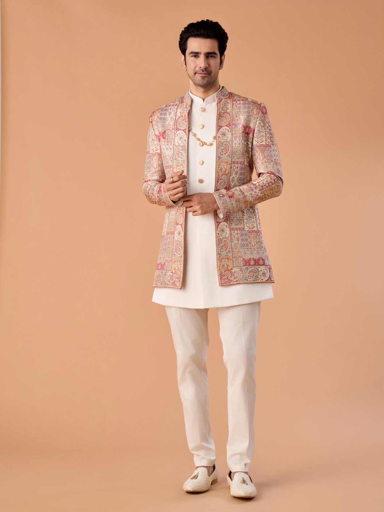 Manyavar Men Royal Red Brocade Indo Western