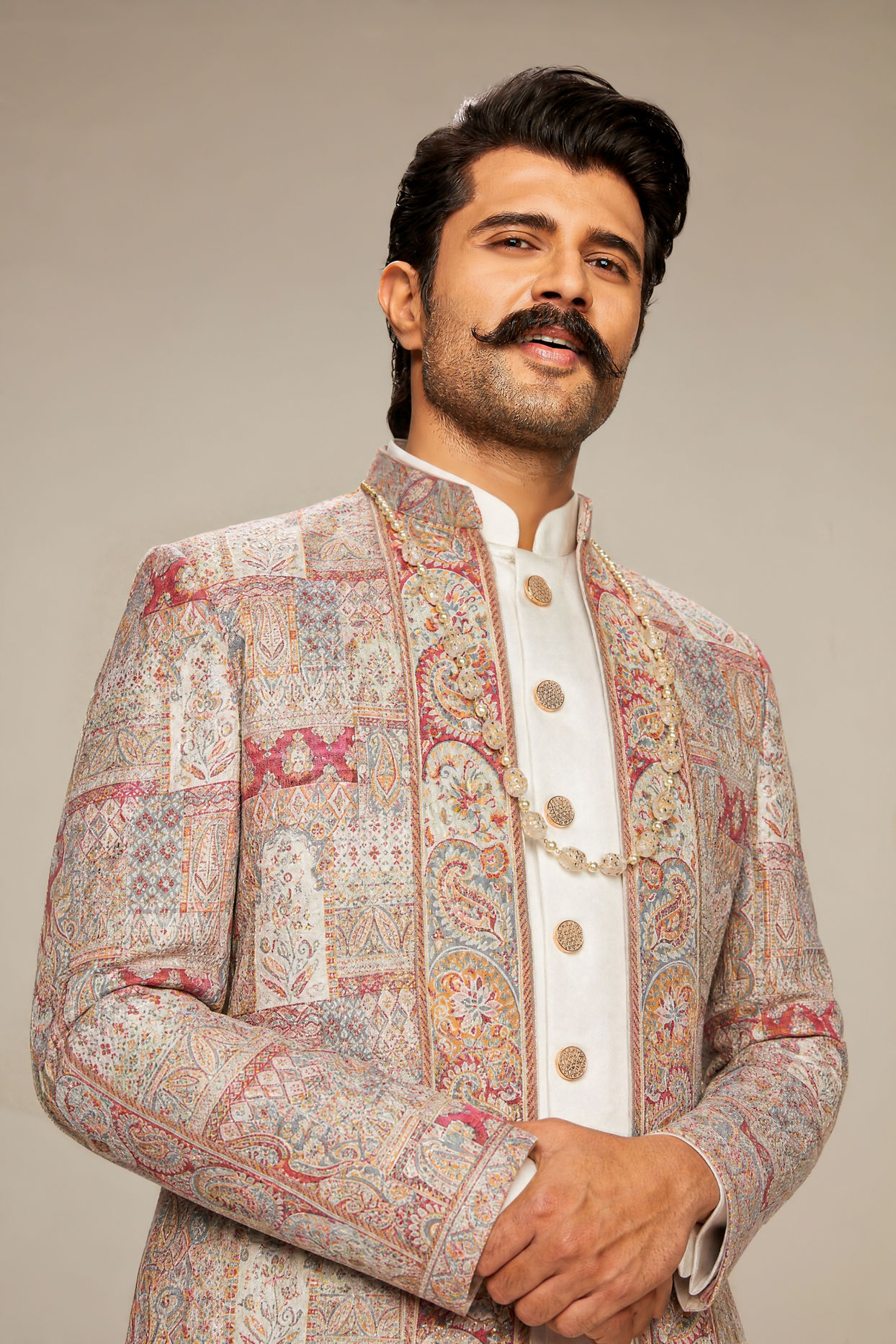 Manyavar Men Royal Red Brocade Indo Western