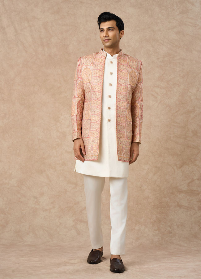 Manyavar Men Pink Brocade Indo Western with Embroidery