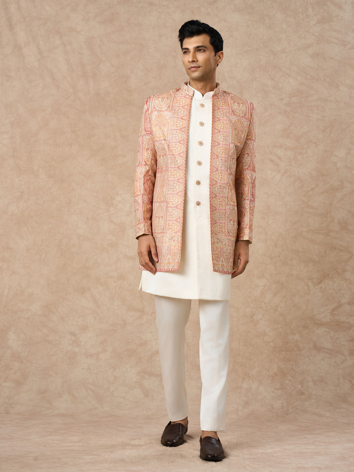 Manyavar Men Pink Brocade Indo Western with Embroidery