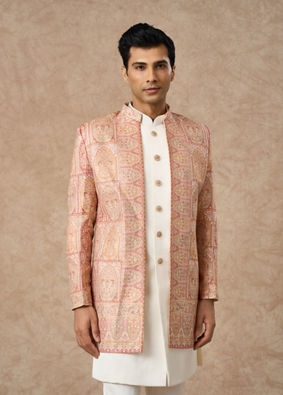 Manyavar Men Pink Brocade Indo Western with Embroidery
