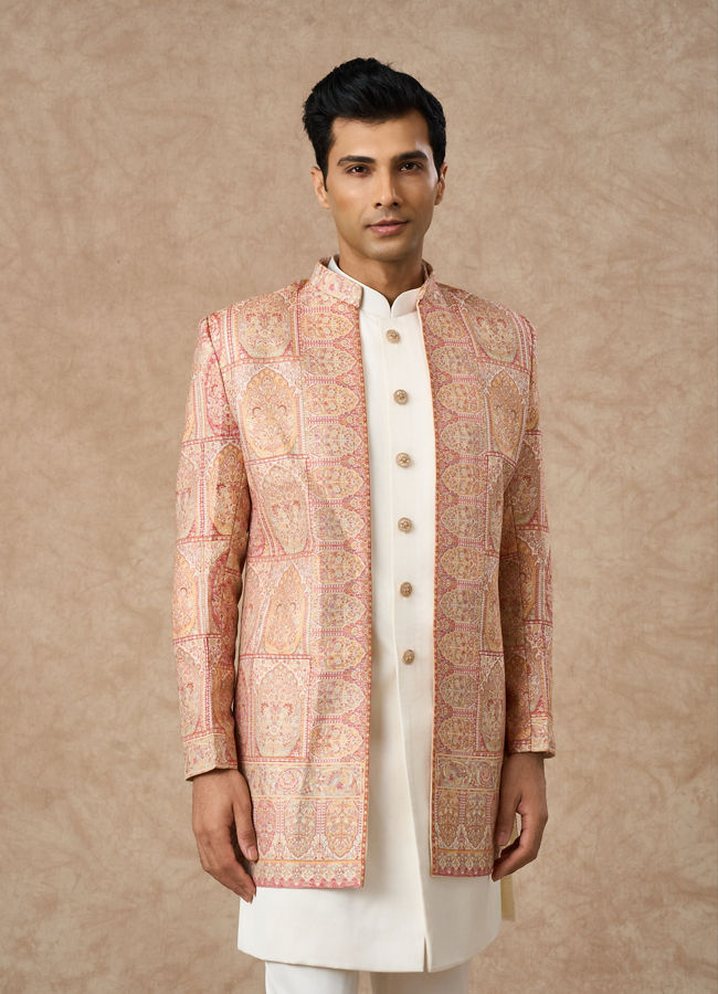 Manyavar Men Pink Brocade Indo Western with Embroidery