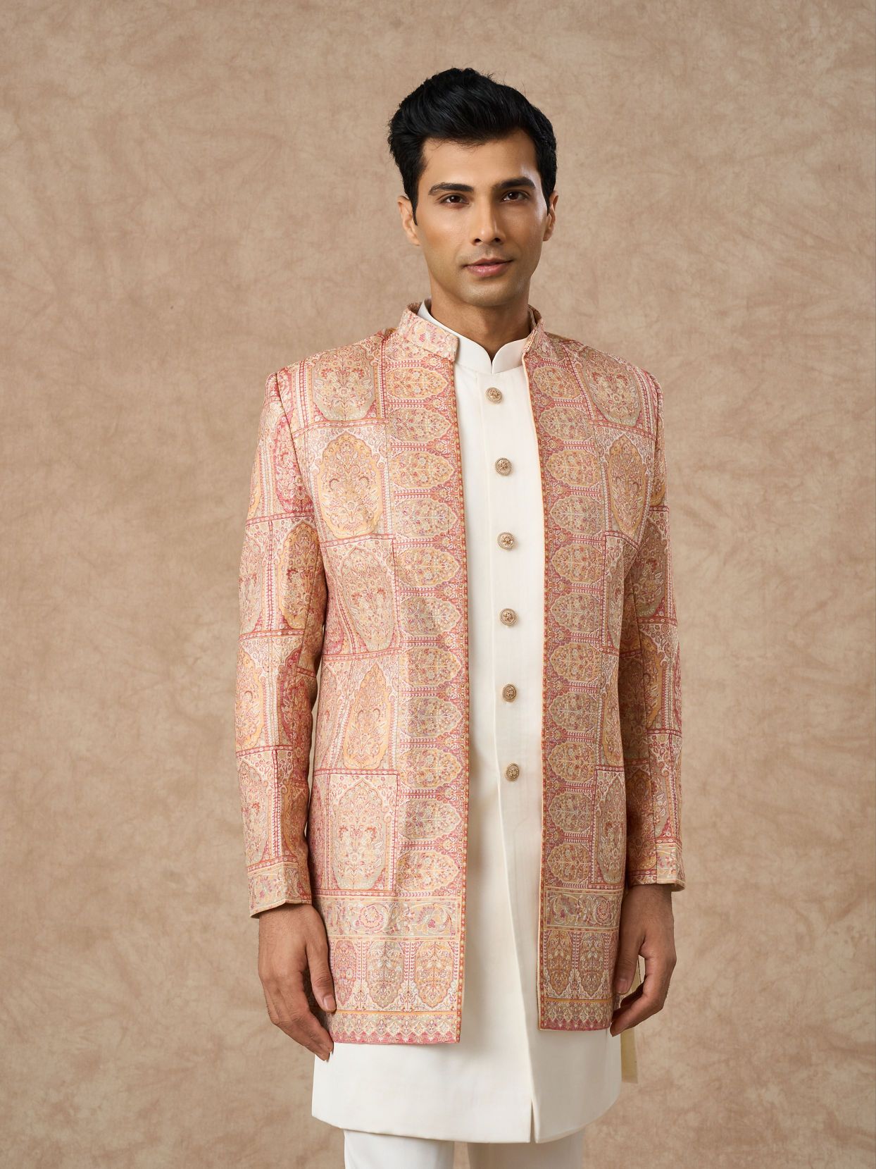 Manyavar Men Pink Brocade Indo Western with Embroidery