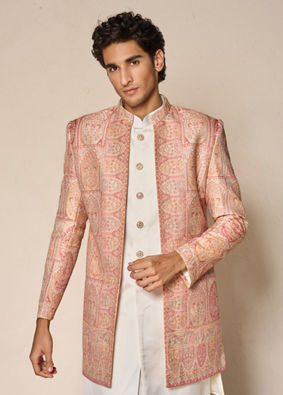 Manyavar Men Pink Brocade Indo Western with Embroidery