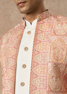 Manyavar Men Pink Brocade Indo Western with Embroidery