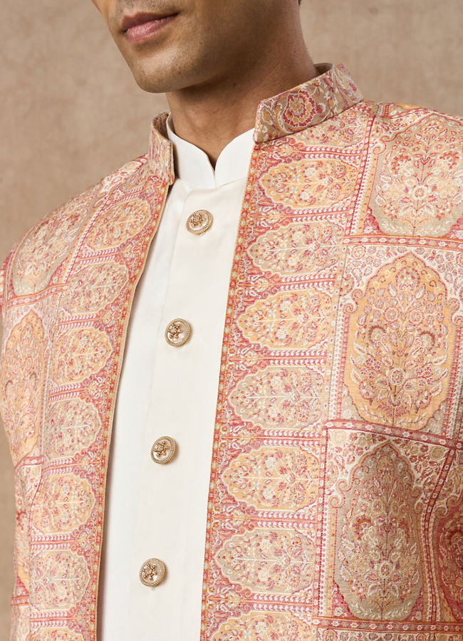 Manyavar Men Pink Brocade Indo Western with Embroidery