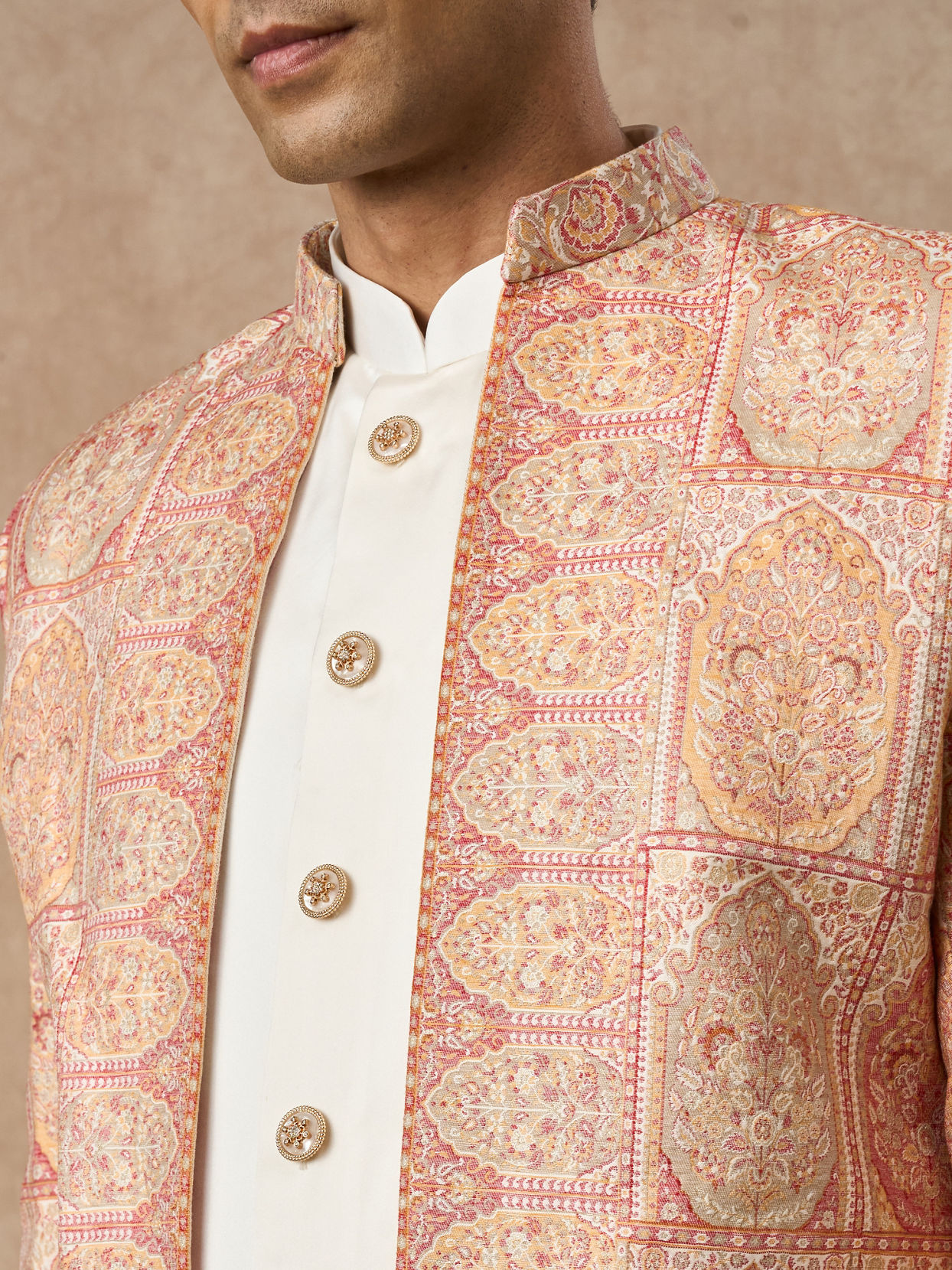 Manyavar Men Pink Brocade Indo Western with Embroidery