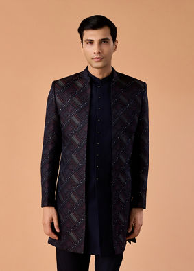 Manyavar Men Regal Blue Brocade Indo Western Set