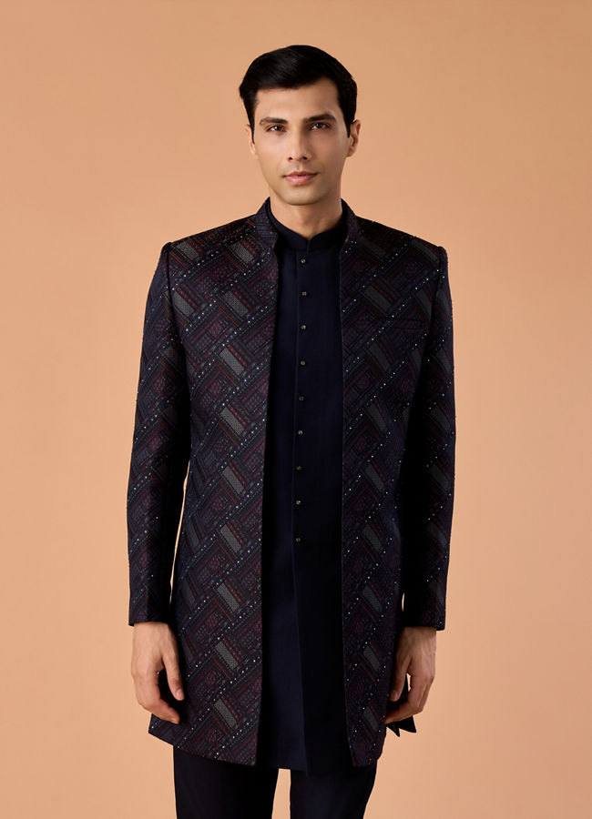Manyavar Men Regal Blue Brocade Indo Western Set