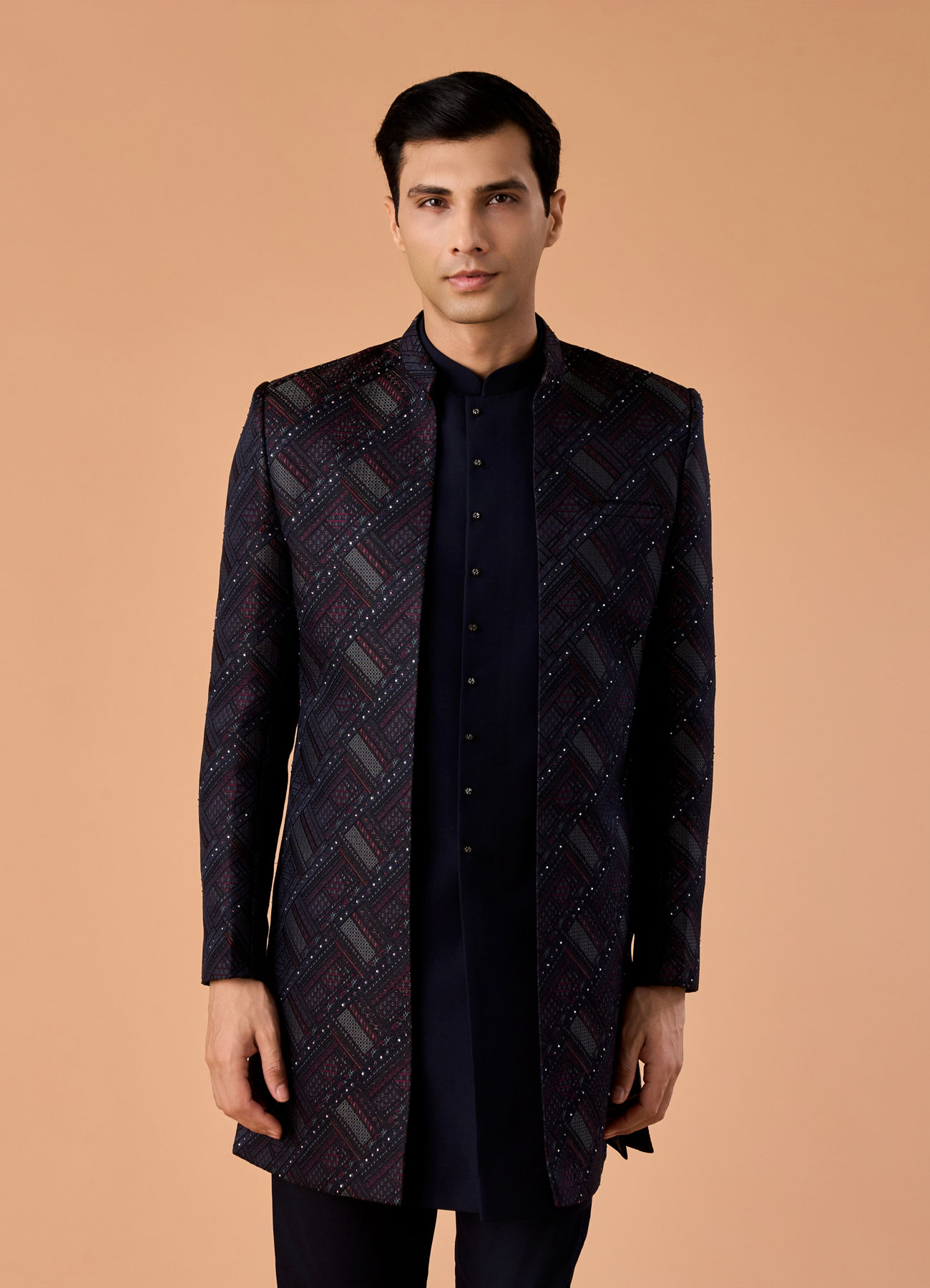 Manyavar Men Regal Blue Brocade Indo Western Set