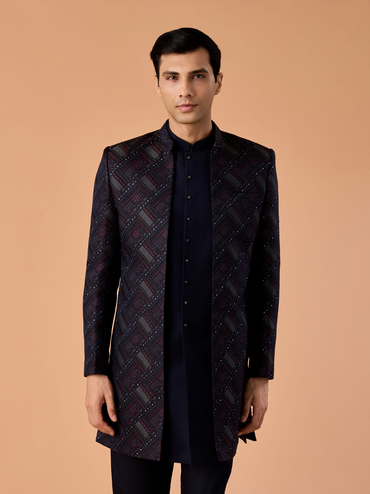 Manyavar Men Regal Blue Brocade Indo Western Set