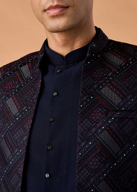 Manyavar Men Regal Blue Brocade Indo Western Set
